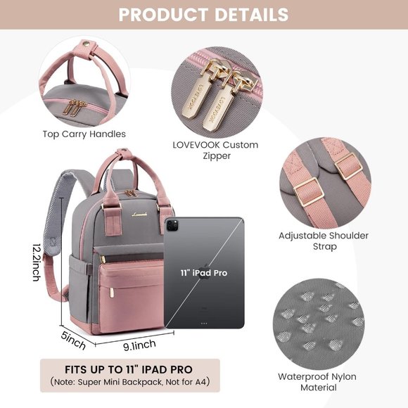 Women Pink & Grey Stylish Waterproof Mini Backpack with USB Port main image 6